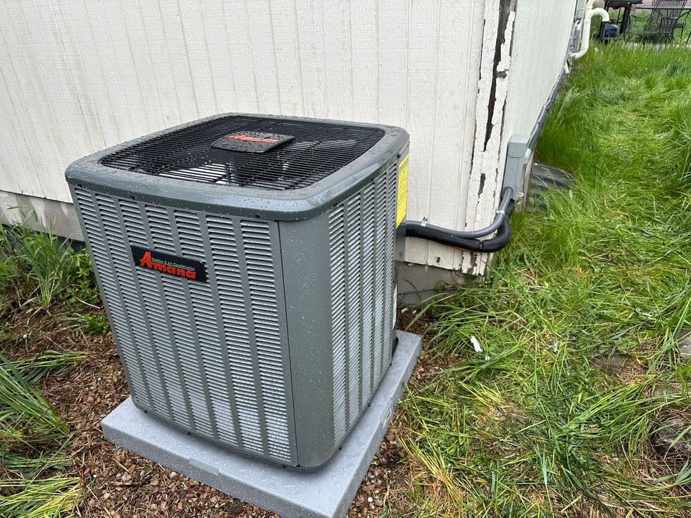 Air conditioning unit installed outside a home, with green grass and wall in the background.
