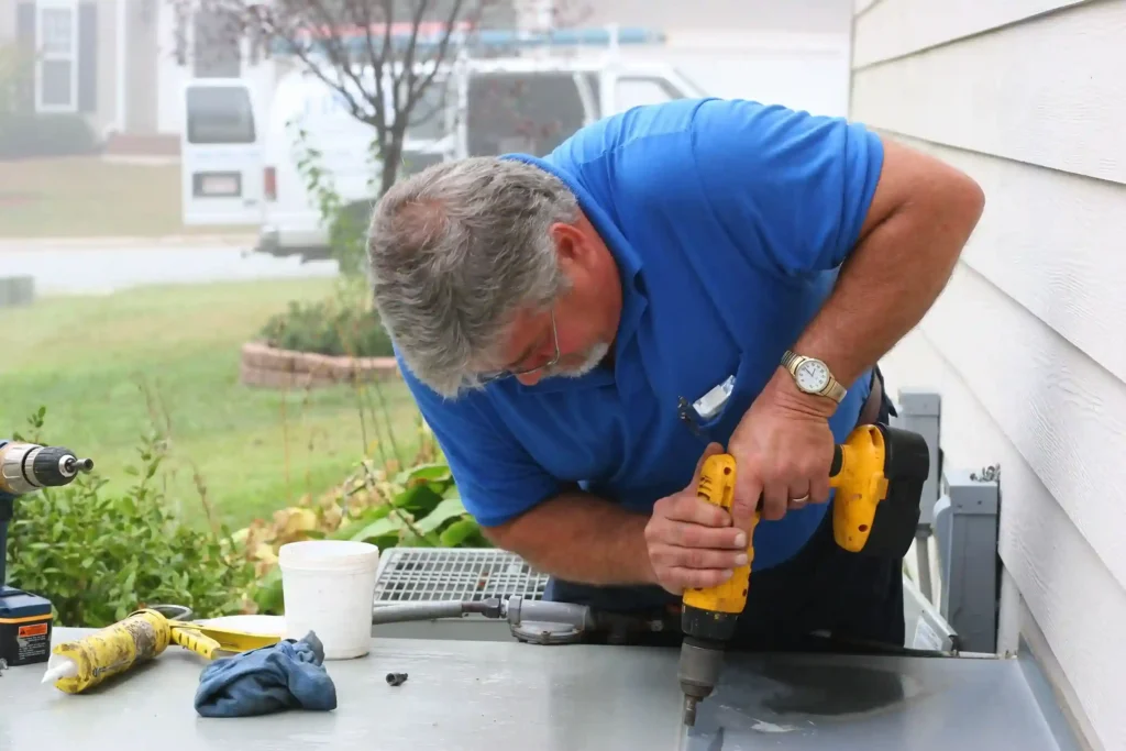 HVAC Installation Services in Taylorsville, UT 1 Technician in blue shirt using yellow power drill on outdoor HVAC unit, with tools, cup, and cloths nearby, in residential area with greenery and houses in background