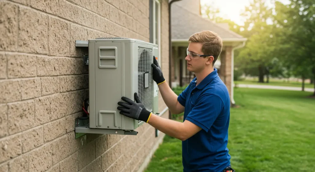 AC Replacement in Taylorsville, UT 1 A Man in blue clothes replacing outdoor AC Systems