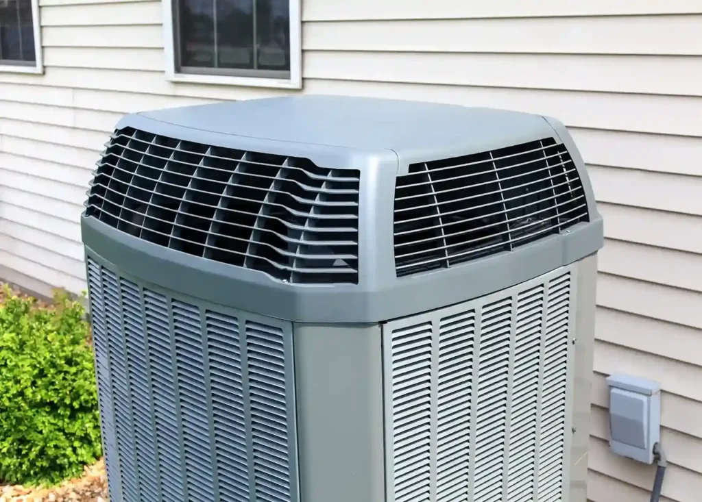 HVAC Repair in Taylorsville, UT 1 Outdoor grey air conditioning unit with vented top and sides installed beside house exterior wall, with two windows and greenery in background