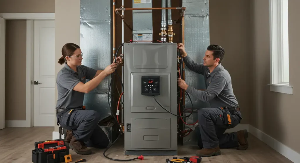 Furnace Installation in Taylorsville, UT 1 A male and female technician working on an indoor furnace