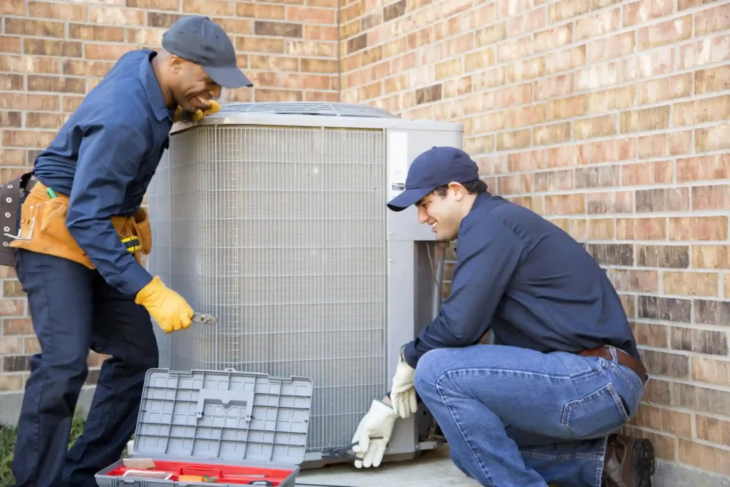 HVAC Replacement in Taylorsville, UT 1 Two HVAC technicians working on outdoor air conditioning unit beside brick wall, with toolbox and tools on ground during inspection and repair