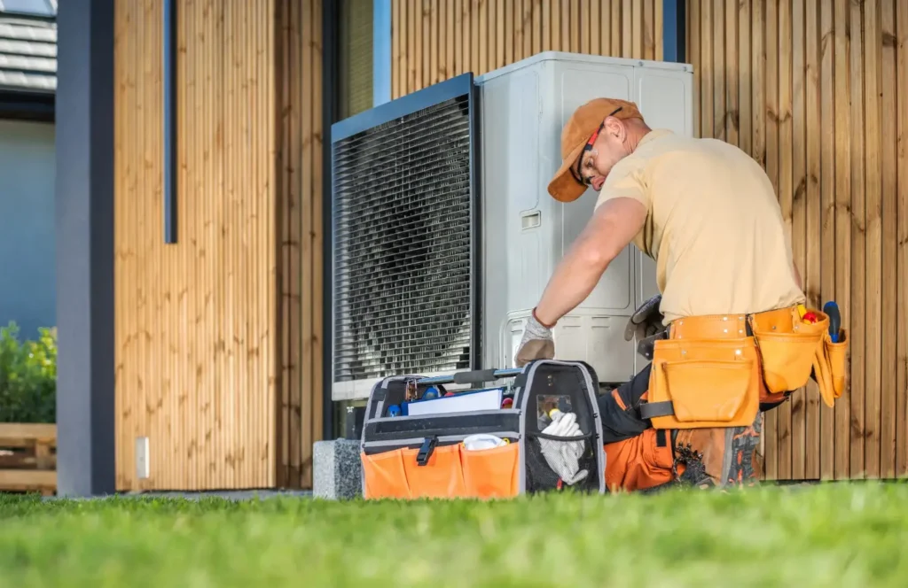HVAC Installation Services in Sandy, UT 1 A technician wearing safety glasses, a cap, and a tool belt is working on a white heat pump unit located outside a modern house with vertical wooden siding. An open toolbox is on the grass in front of him.