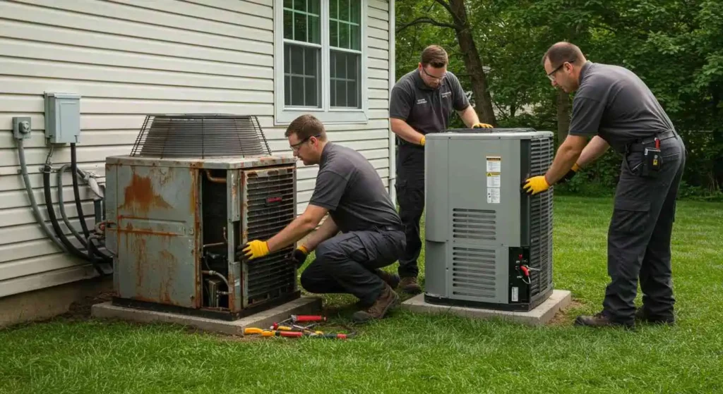 Heat Pump Replacement in Taylorsville, UT 1 Three male technicians fixing two outdoor heat pumps