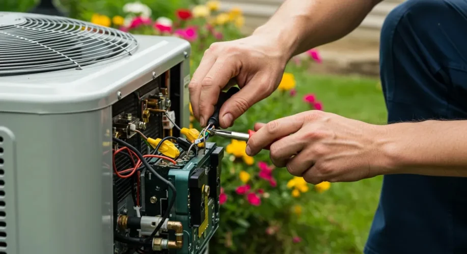 A technician repairing a heat pump using a tool outdoor