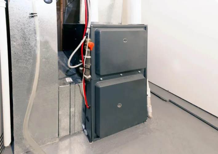 Heating 1 An indoor furnace or air handler unit with exposed wiring is shown in a utility space.